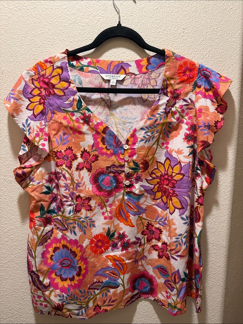 Liverpool Floral V-Neck Ruffle Sleeve Top - Multi